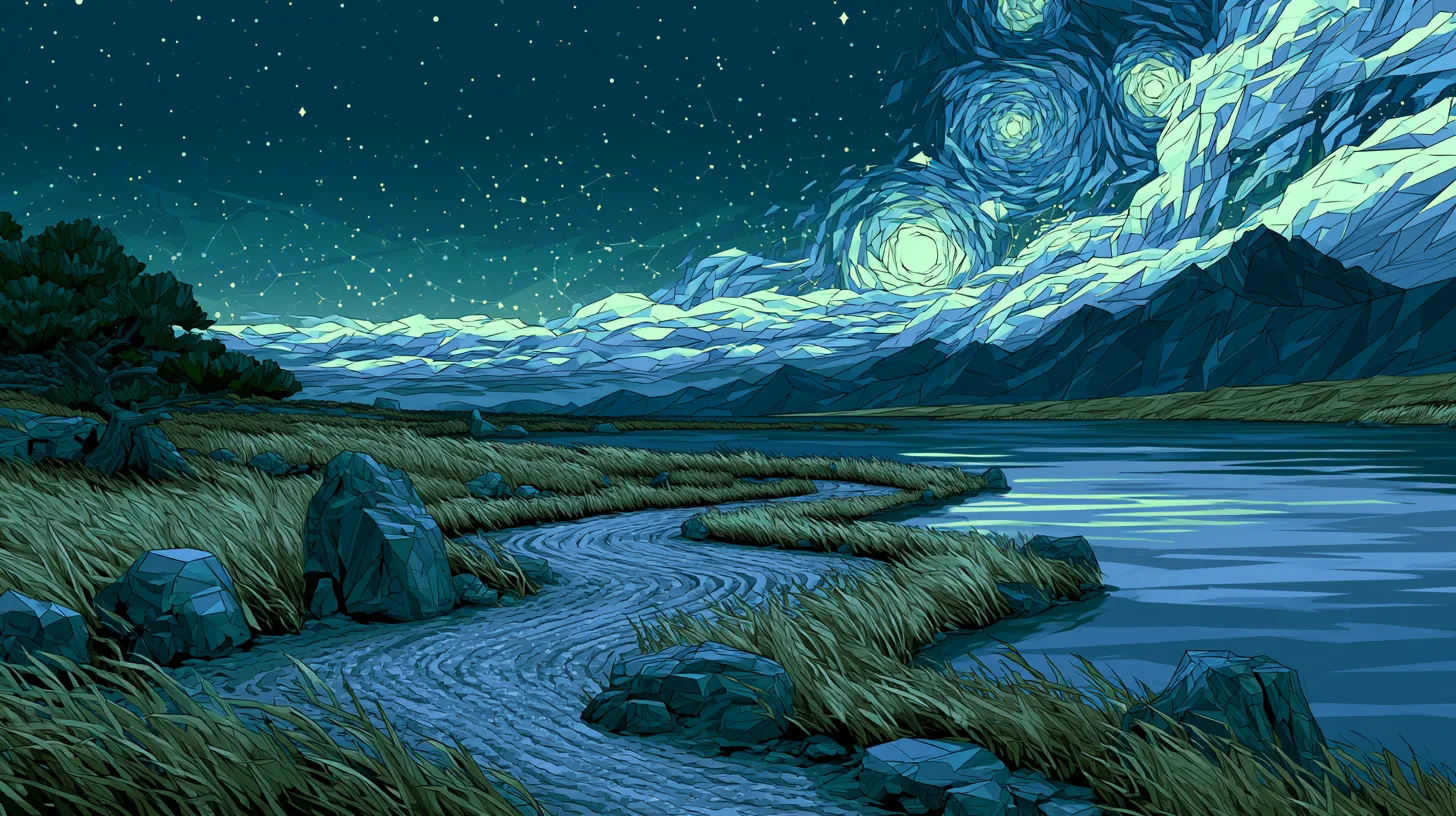 The hero artwork: a Van Gogh-styled night landscape with swirling sky, mountains, and a winding gravel path through grass